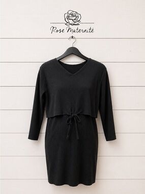 ROSE MATERNITÉ Black Ribbed Tie Front Dress – Size XL